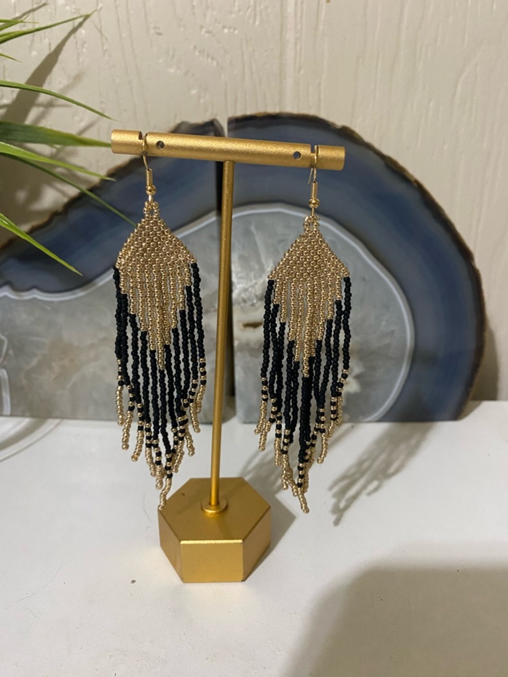 Gold and Black Fringe Beaded Drop Earrings